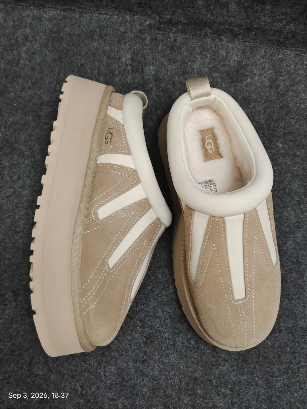 NWOB UGG Tazz Sunwave Platform Slippers Beige Suede Wool Lined SlipOn Women SZ 7